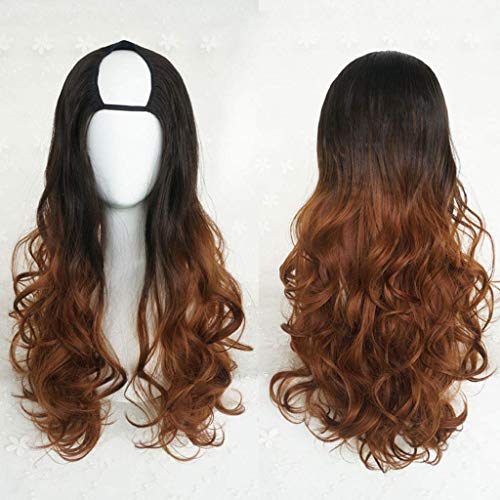 LINLINCD-Harajuku Fashion Long Wavy Curly Fluffy U-Shaped Wigs Heat Resistant Synthetic Fiber Ombre Mixed Gradient Dark Roots Hair for Girls 28inches/ 70cm