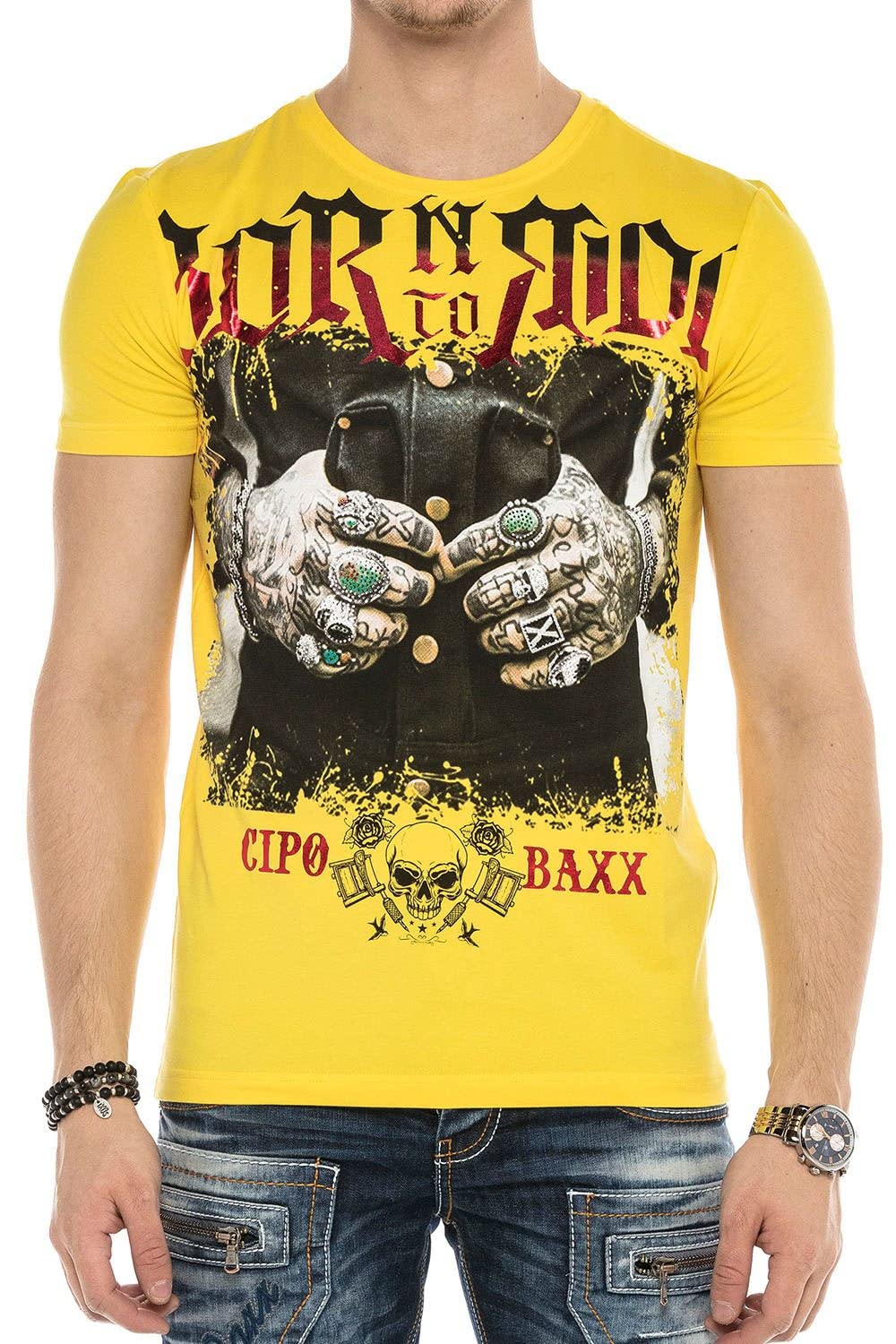 Cipo & Baxx Herren T-Shirt Auffällig Print Rundhals Kurzarm Sommershirt CT542 Gelb XL