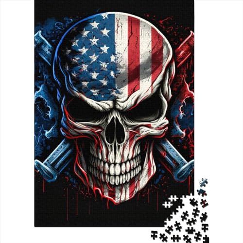 Totenkopf mit amerikanischer Flagge für Erwachsene, schwierige Puzzles, anspruchsvolle Puzzles mit 1000 Teilen, dekomprimierendes intellektuelles Lernspielzeug, 75 x 50 cm