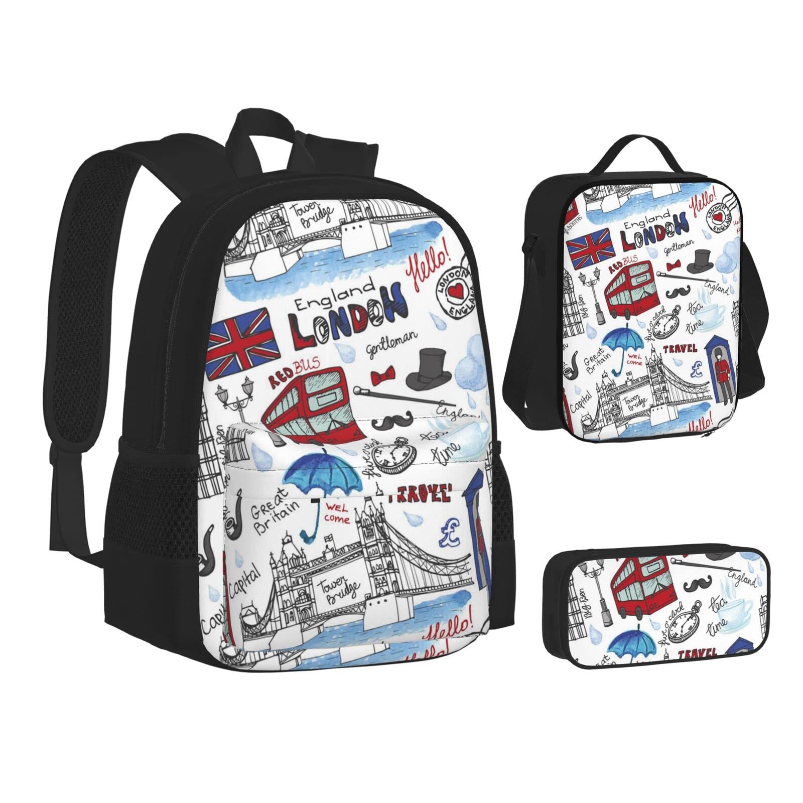 WURTON London Print Teen Rucksack Set von 3 in 1 (Federmäppchen + Schultasche + Lunchtasche Kombination)