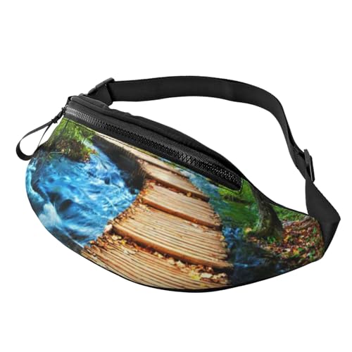 HSJFS 3D-Wand-Gürteltasche, Unterwasserwelt, Fisch-Druck, verstellbare Hüfttasche, lässige Brusttasche, Holzbrücke Bachwasser, Einheitsgröße