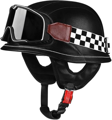 Lederhelm Im Deutschen Stil Mit Schutzbrille, ECE-Geprüfter Vintage-Cap-Halbhelm, Für Erwachsene, Männer Und Frauen, Offener Retro-Helm Für Roller, Moped, Street Cruiser B,XXL/(60~63cm)