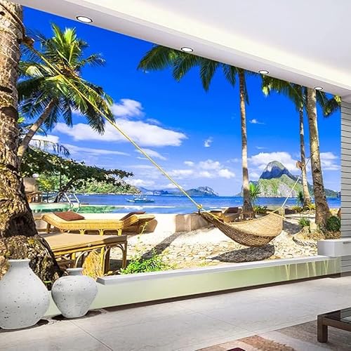 XLMING Scenic Blauer Himmel Und Weiße Wolken Strand Hängematte Küche Esszimmer Arbeitszimmer Wohnzimmer TV Hintergrund Wand 3D Tapete-350cm×256cm