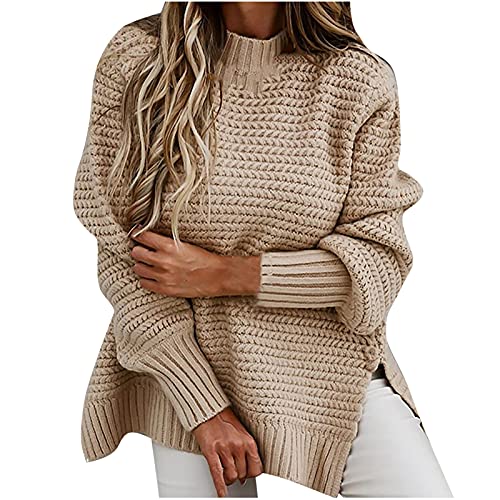 WANGTIANXUE Damen Herbst Winter Pullover, Lässiger Grobstrick Pullover, Zopfmuster Oversize Pullover, Langarm Shirts, Einfarbige Blusenoberteile Locker Pullover mit Seitenschlitz