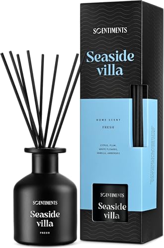 Scentiments Seaside Villa Heimduft Fresh | Diffuser mit Stäbchen | Duftöl mit ätherischen Ölen | Raumerfrischer mit Zitrusfrüchte, Pflaume, weiße Blume, Vanille, Ambra duft |125ml