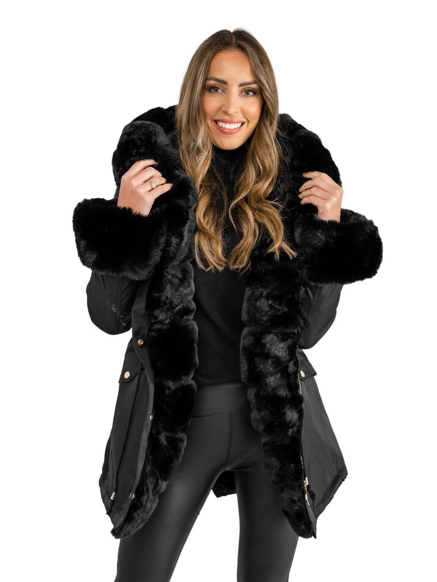 BOLF Damen Winterjacke Parka Gefüttert mit Kunstfell Kapuze Wintermantel Lange Steppjacke Daunenjacke Puffermantel Sportjacke Warm Gefüttert Freizeit Outdoor Casual Style B553 Schwarz L [D4D]