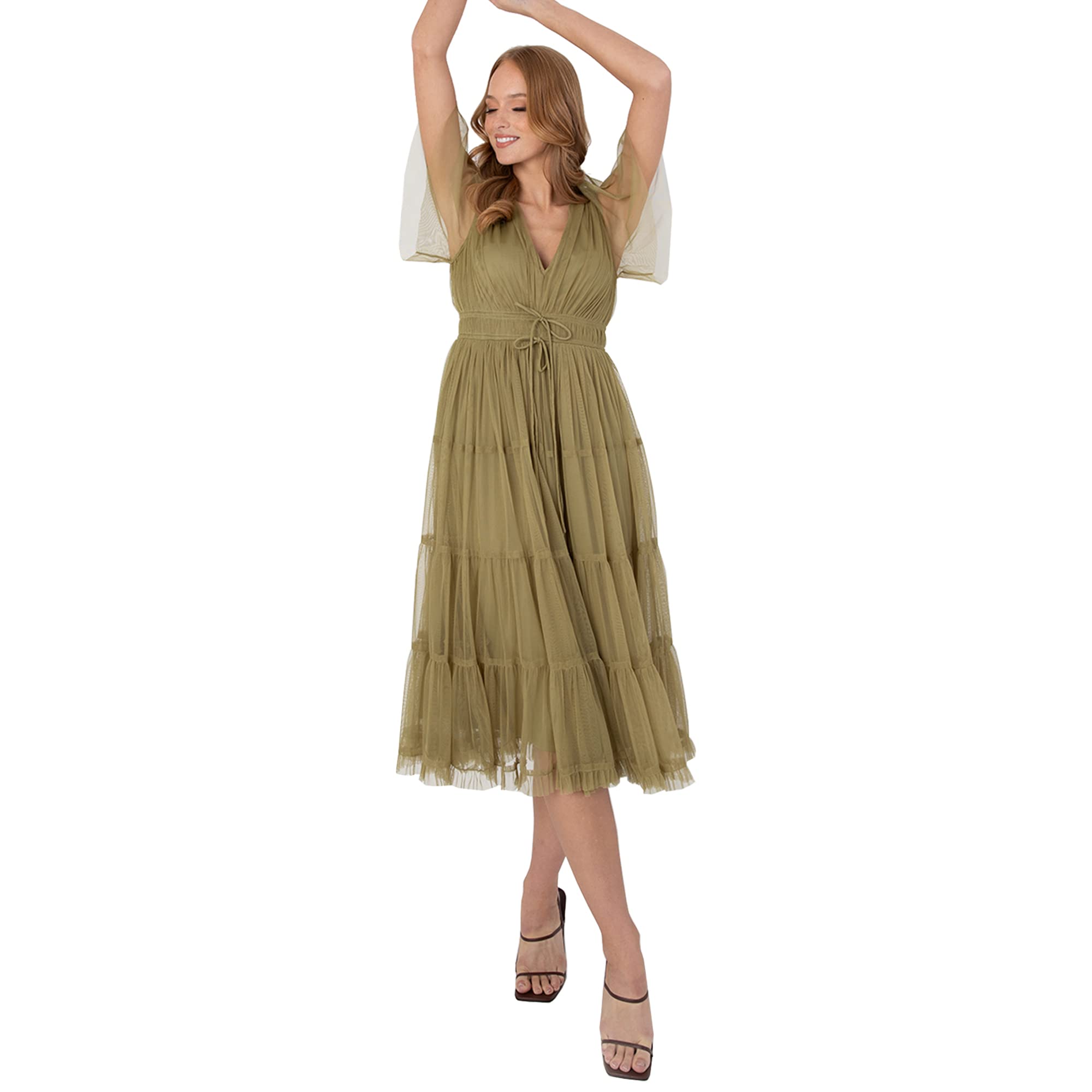 Anaya with Love Damen Womens Midi Dress Ladies Tiered V Neckline Short Sleeve Frilly with Cord for Wedding Guest Evening Ball Gown Green Kleid, Olive, 36