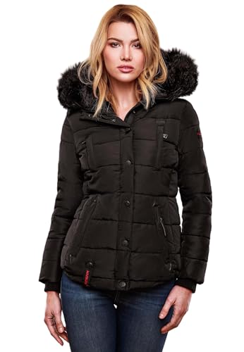 MARIKOO warme Damen Winter Jacke Winterjacke Steppjacke gefüttert Kunstfell B618 [B618-Lotus-Schwarz-Gr.XS]