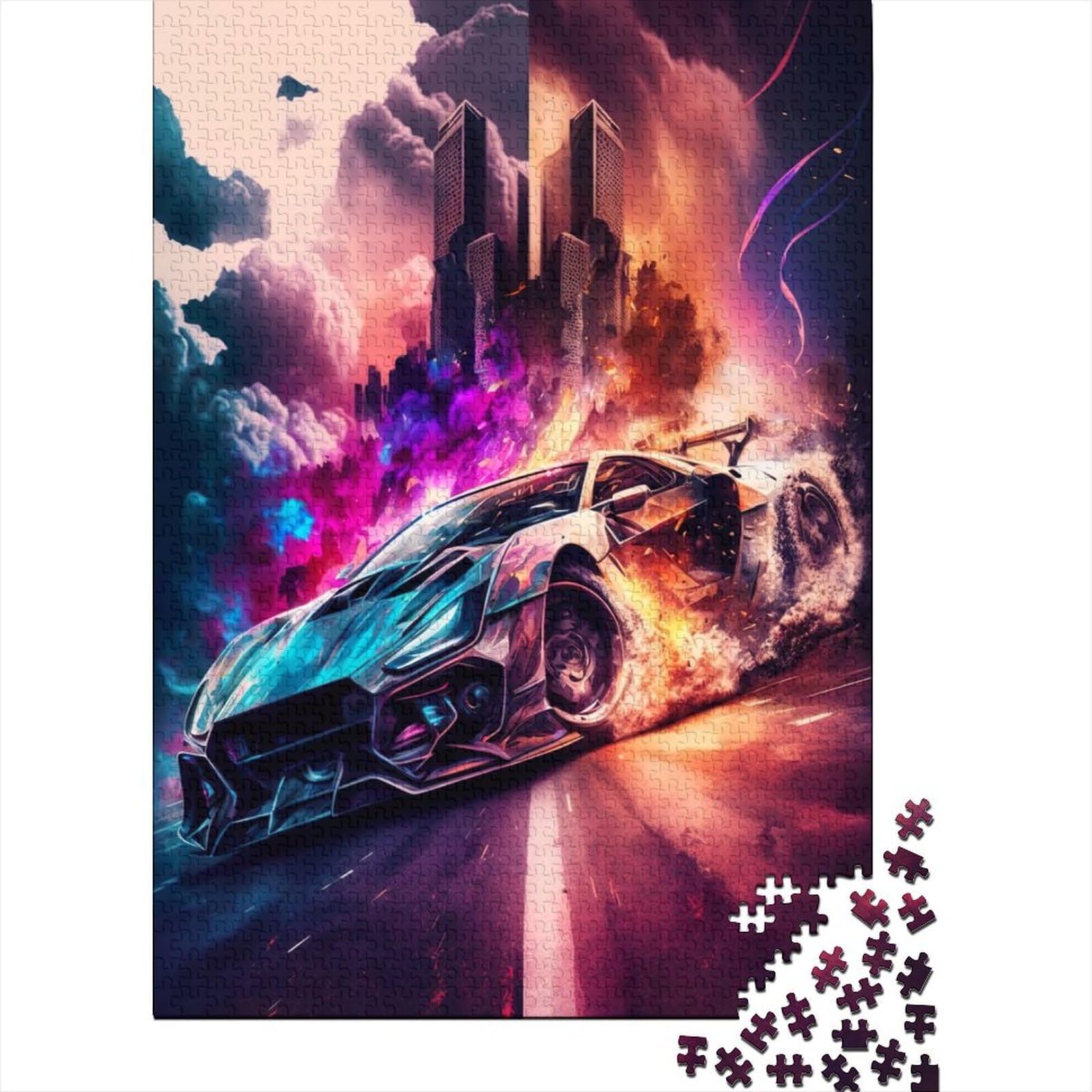 Stadtbild-Auto der Zukunft, Holzpuzzle für Erwachsene, Puzzle 1000 Teile, für Erwachsene und Teenager, für anspruchsvolles Puzzlespiel und Familienspiel, 75 x 50 cm