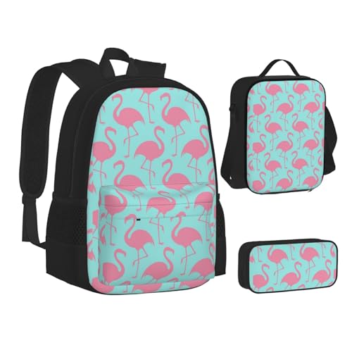 WURTON Büchertasche mit vielen goldenen Blumen bedruckt, Lunch-Tasche, Federmäppchen, 3-in-1, Schulrucksack-Set, Kinderrucksack, Rosa Flamingo, Einheitsgröße