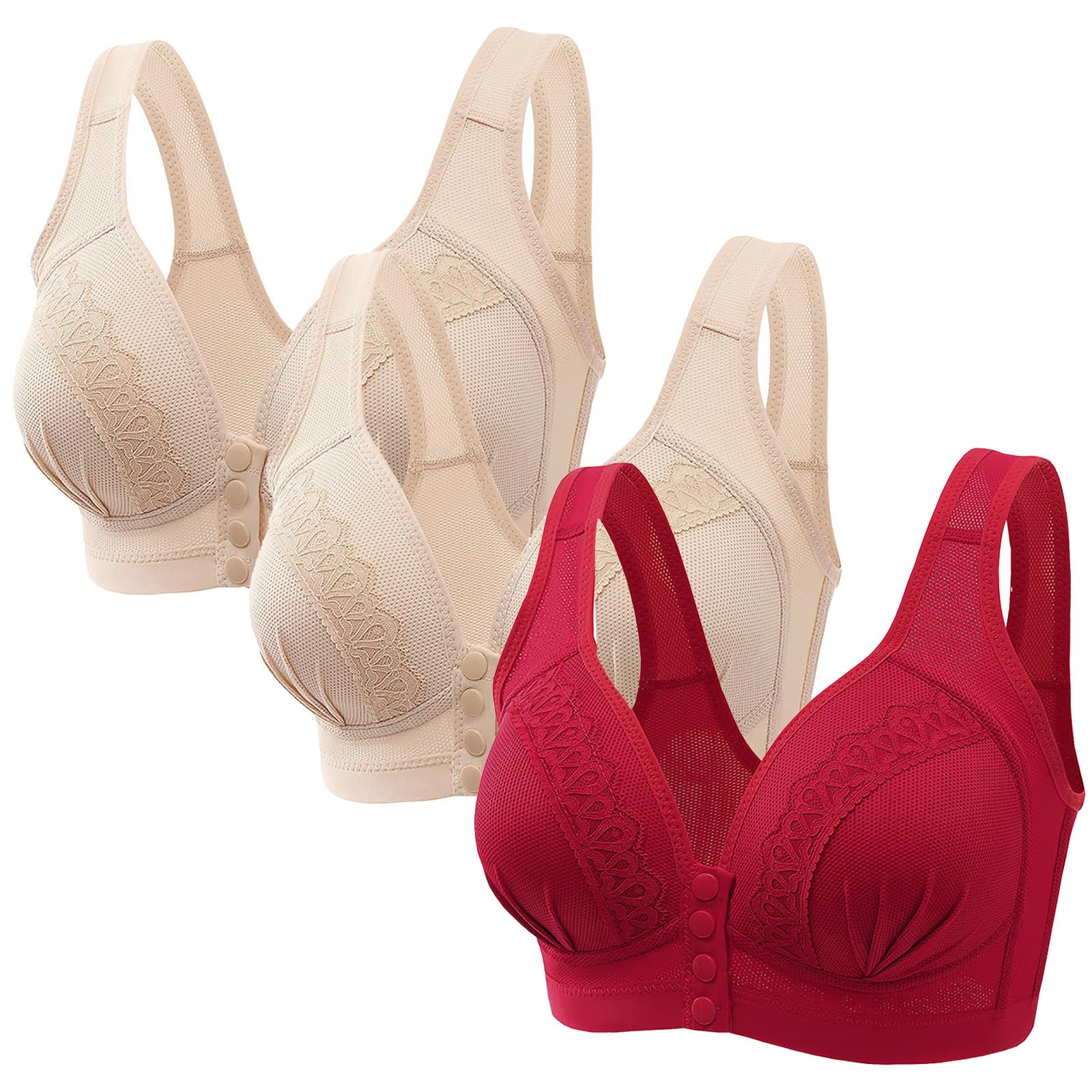 CSHE 3er Pack Große Brüste BH mit Vollem Halt Minimizer BH mit Gepolstert BH Bustier Ohne Bügel Damen Klassische BH Frauen Push Up Bralette BH mit Vorderverschluss 80-115BCD Rot Beige 105B