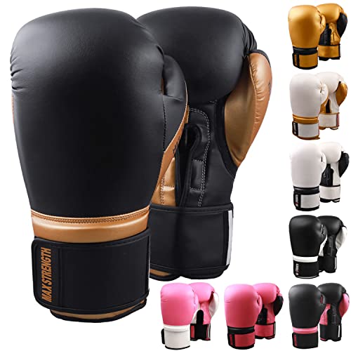 MAXSTRENGTH Professionelle robuste Boxhandschuhe, Boxsack, Fokus-Handschuhe, MMA, Muay Thai, Kampfsport, Profi, Sparring, Heimtraining, für Herren, Damen und Kinder (schwarz/goldfarben, 227 g)