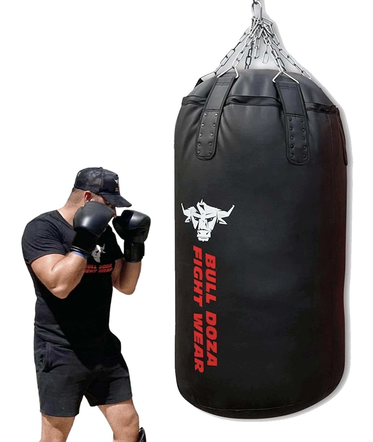 BULL DOZA FIGHT WEAR Riesiger, strapazierfähiger selbstbefüllbarer Boxsack – mit hängenden Ketten, Wirbel, Karabiner – für MMA, Kickboxen, Muay Thai, Kampfsport (Schwarz, XXL Jumbo Tank 4FT)