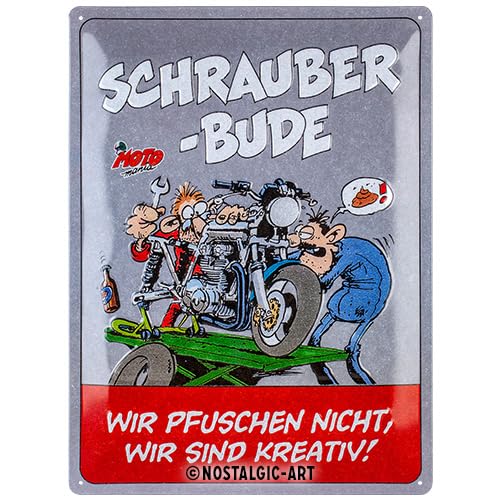 Nostalgic-Art Retro Blechschild MOTOmania – Schrauberbude – Geschenk-Idee für Motorrad-Fans, aus Metall, Vintage-Design zur Dekoration, 30 x 40 cm