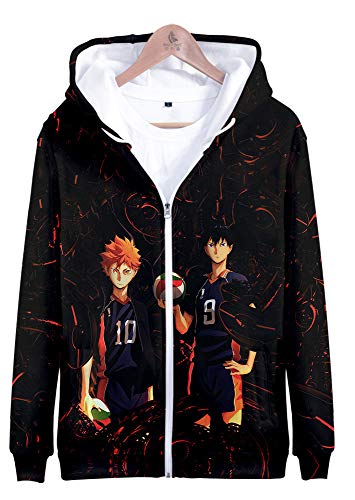 QYIFIRST Herren Damen Unisex 3D Druck Anime Kapuzenpullover Sweatshirt Karasuno High School Hinata Shouyou Cosplay Kostüm mit Taschen Schwarz 6XL (Chest 146cm)