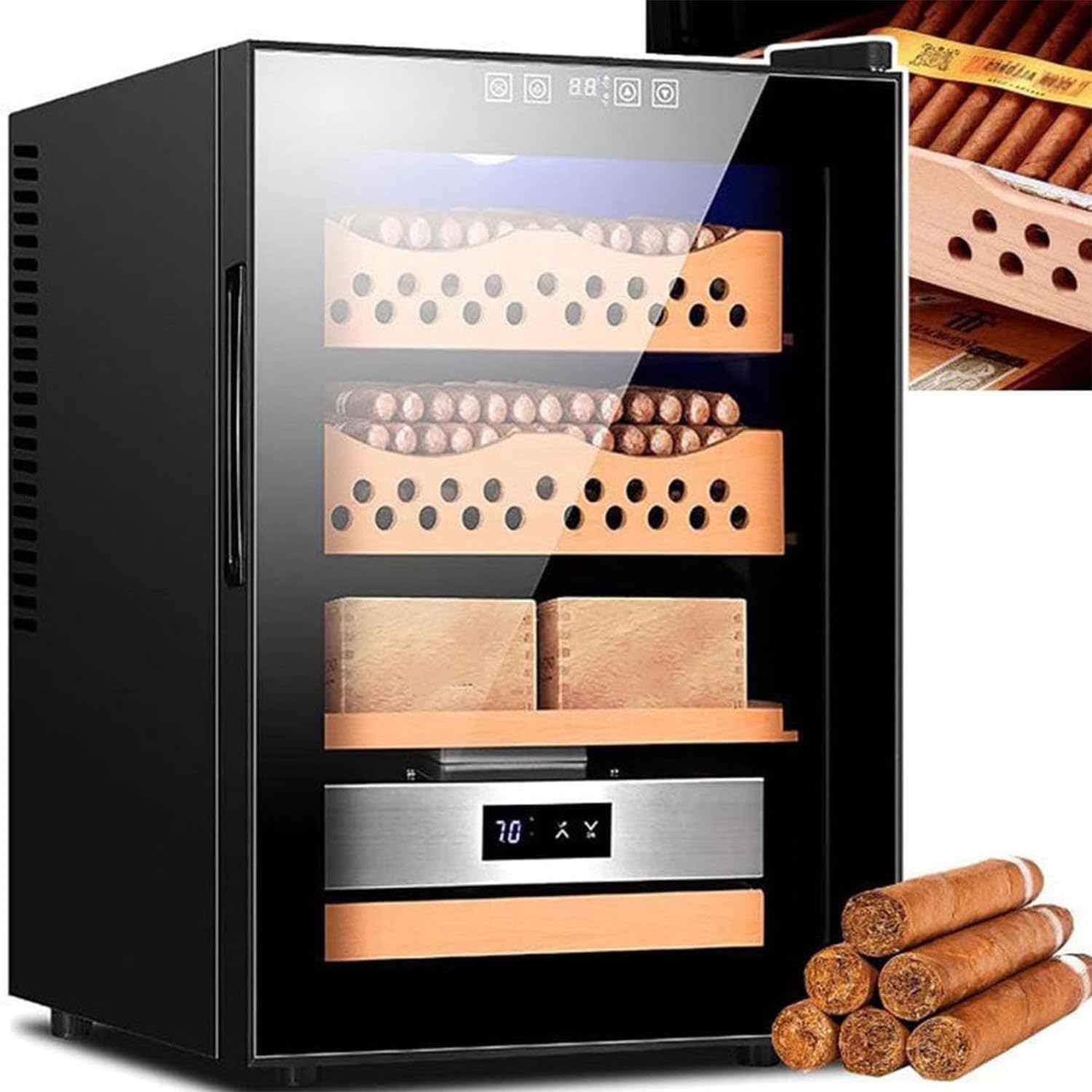 Qiang Intelligenter Zigarrenschrank,Zedernholzfutter und Doppelt Verspiegeltes Glas Humidor für Zigarren 50L Großer Kapazität,Temperaturkühlbereich 11-18°C,Feuchtigkeitskontrollbereich 60-80%,A