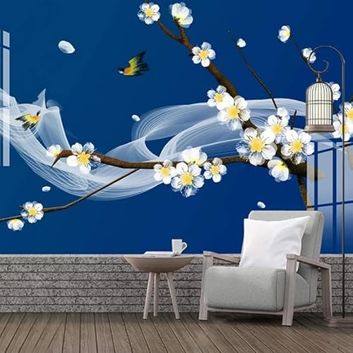 XLMING Wall Creative Blumen Und Vögel Blau Küche Esszimmer Arbeitszimmer Wohnzimmer TV Hintergrund Wand 3D Tapete-250cm×170cm