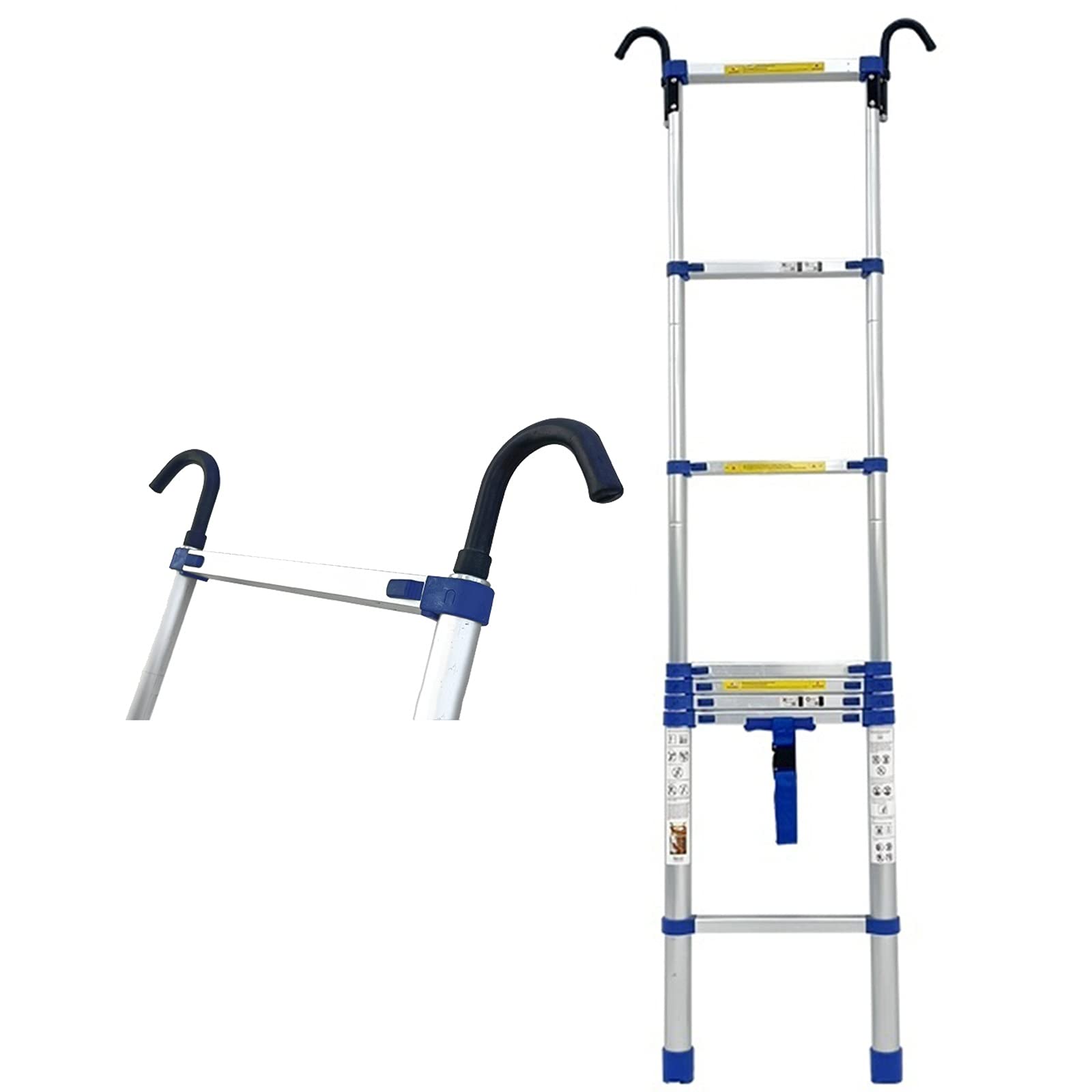 RASOANOA Blaue Hochleistungs-Teleskopleiter mit Haken, 2 m/2,7 m/3,1 m/3,5 m/3,9 m/4,6 m/5 m hoch, zusammenklappbare Teleskopleitern für Zuhause/im Freien Ambitious