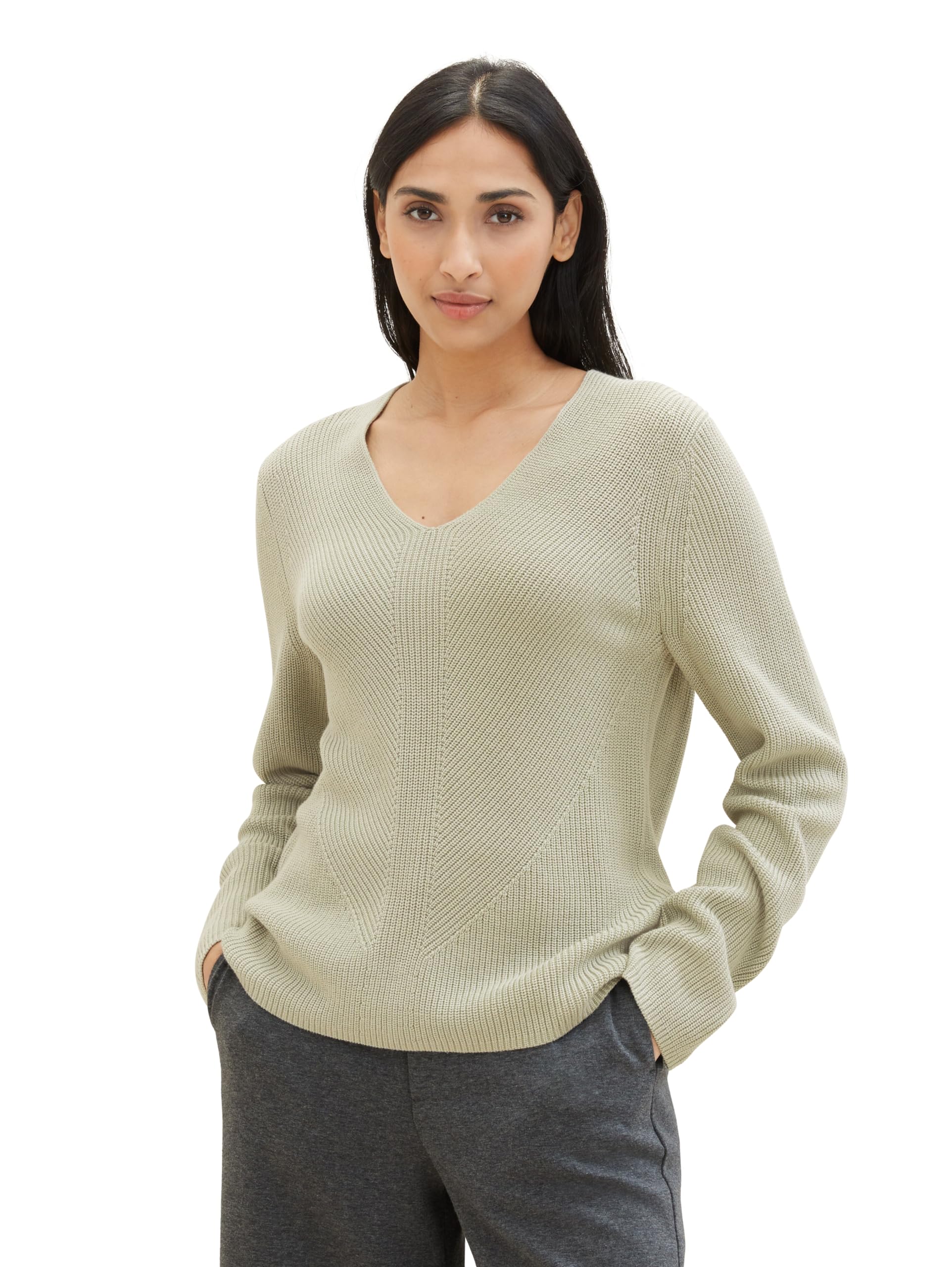 TOM TAILOR Damen Basic Strickpullover mit V-Ausschnitt, 34895 - Desert Green, XS