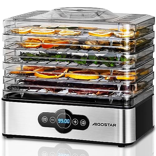 Aigostar Crispy - Dörrautomat-5 Einlegefächer, Dörrgerät für Fleisch, Obst, Gemüse, Kräuter, Dörrautomat Edelstahl mit Timer und Temperaturkontrolle, 30-70°C，Überhitzungsschutz, 240W, BPA-frei