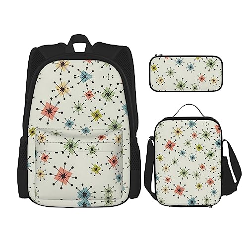 WURTON Absctract Geometrisches Muster Weltraumdruck Lunchbox Federmäppchen Rucksack Set 3 Stück Verstellbare Träger Langlebig Leicht, Schwarz, One Size