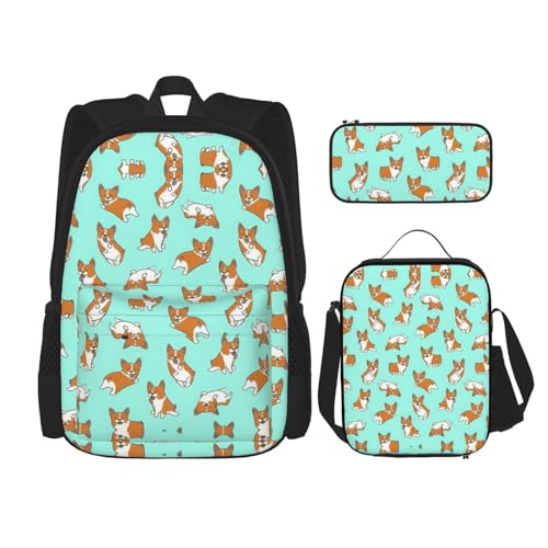 WURTON Corgi Rucksack mit niedlichem Hunde-Aufdruck, für Mädchen und Jungen, Schultasche, Lunchbox, Federmäppchen und 3-in-1-Büchertaschen-Set