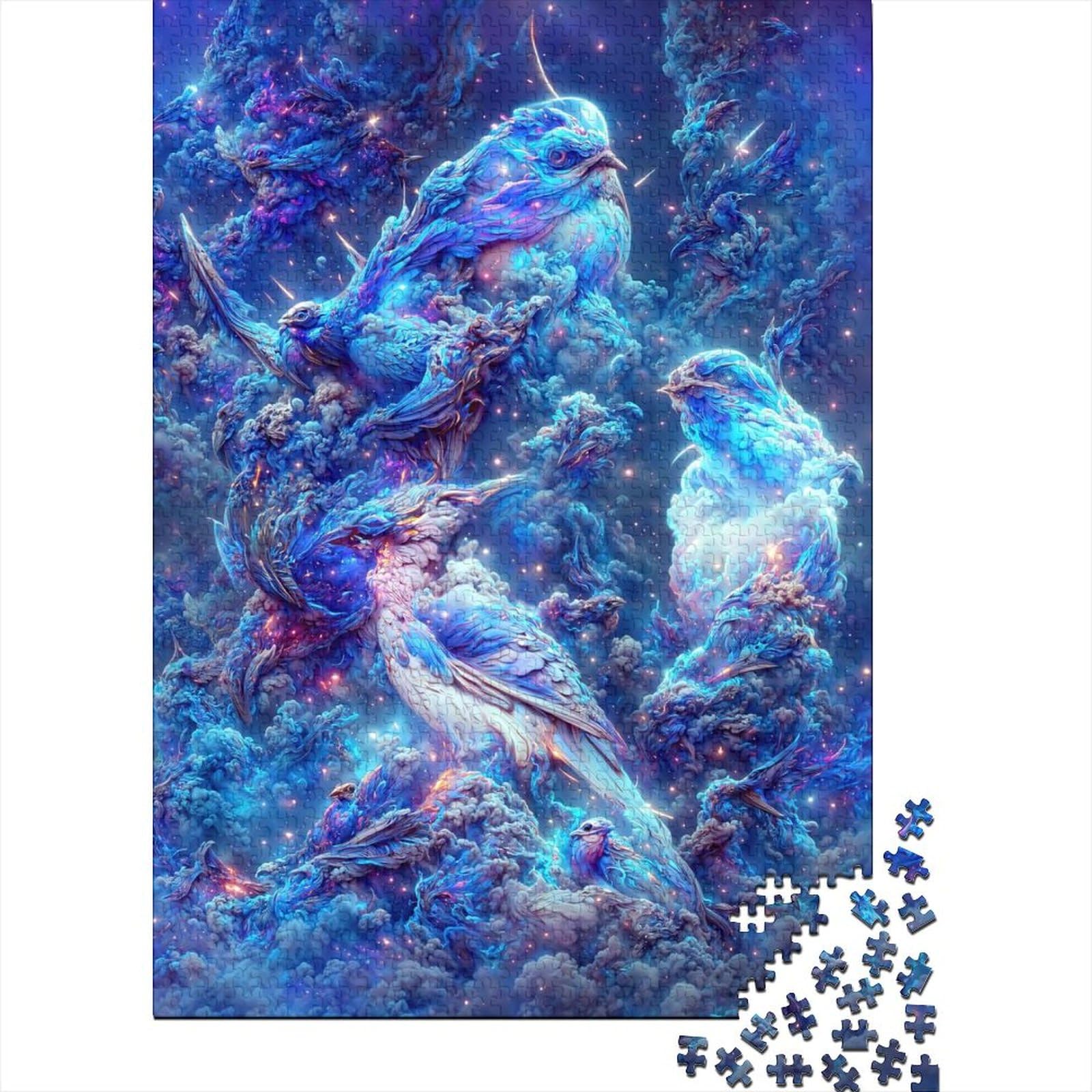 Blaue Galaxie-Vögel, Holzpuzzle für Erwachsene, 1000 Teile, Puzzle für Erwachsene und Teenager, pädagogisches Puzzle zum Stressabbau, Spielzeugpuzzle (Größe 75x50cm)