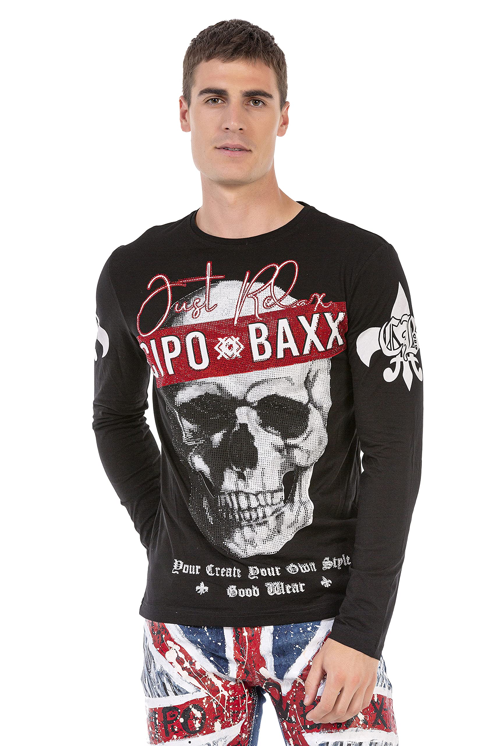 Cipo & Baxx Herren Langarmshirt Longsleeve Totenkopf Strasssteine Rundhals Design Sweatshirt CL454 Schwarz XL