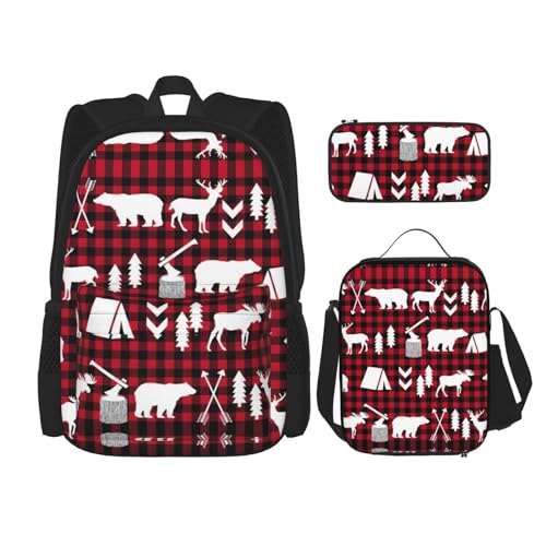 WURTON Schulrucksack, Motiv: Kuh, Hirsch, Baum, 3-in-1, Büchertasche, Set mit Lunchbox, Federmäppchen, Reise, Laptop, Tagesrucksack