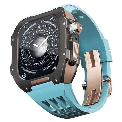 TONECY Luxus-Uhrenarmband für Apple Watch 8/7/Serie, Titangehäuse + Fluorkautschuk, Luxus-Uhrenarmband für iWatch 45 mm, Nachrüst-Set, Upgrade-Uhrenarmband und Gehäuse (Farbe: Blau 4, Größe: 45 mm)