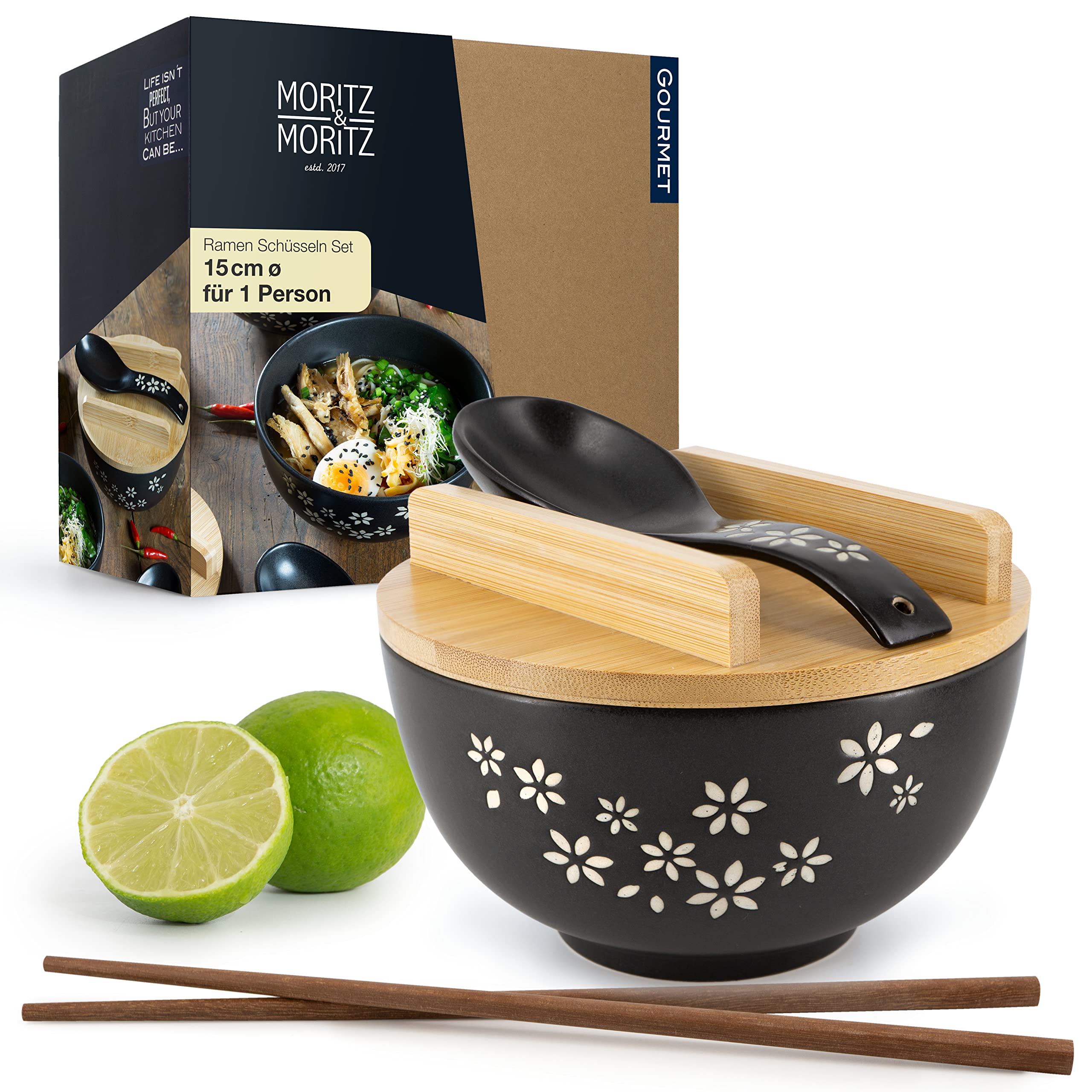 Moritz & Moritz Ramen Schüssel Keramik - 600 ml - 15 cm Ø - Schwarzes Ramen Bowl Set für 1 Person - Für Suppe, Pho und Sushi Bowl - Inkl. Stäbchen, Deckel und Löffel