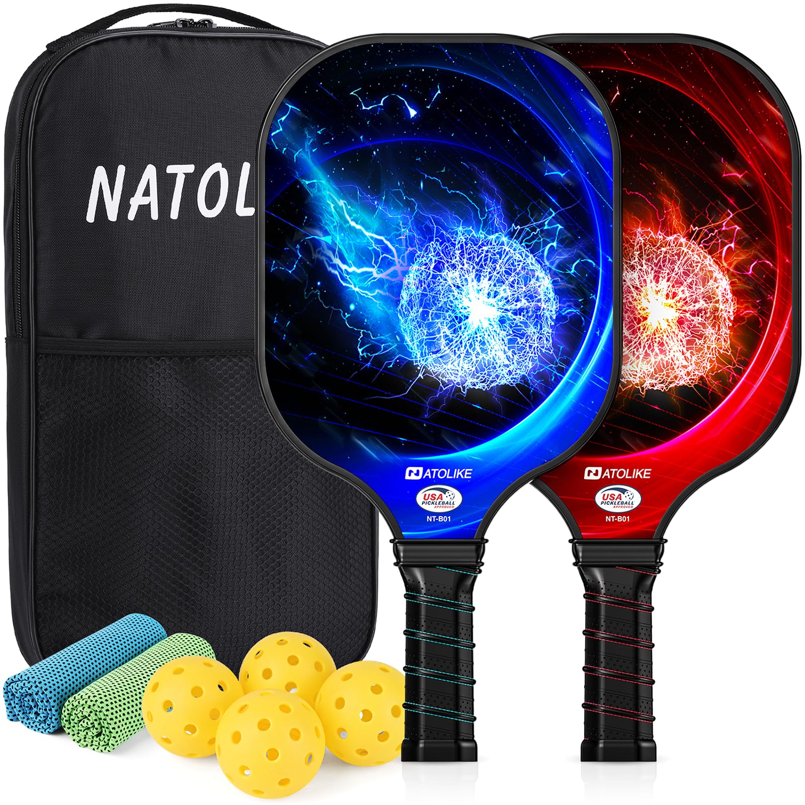 NATOLIKE Pickleball Paddles, USAPA Approved Lightweight Pickleball Paddles Set of 2, Fiberglass Surface with Polypropylene Core Pickleball Set, 2 Pickleball Rackets, 4 Balls, 2 Cooling Towels & Bag