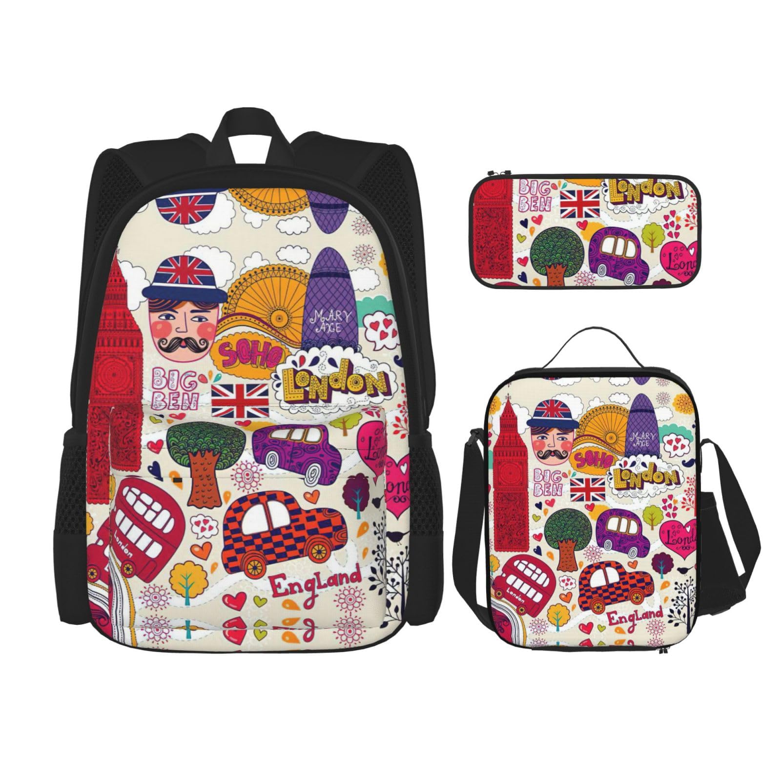 WURTON Schulzeitung in Englisch Druck Rucksack Mädchen Jungen Schultaschen Teenager Lunchbox und Federmäppchen 3 in 1 Büchertaschen Set