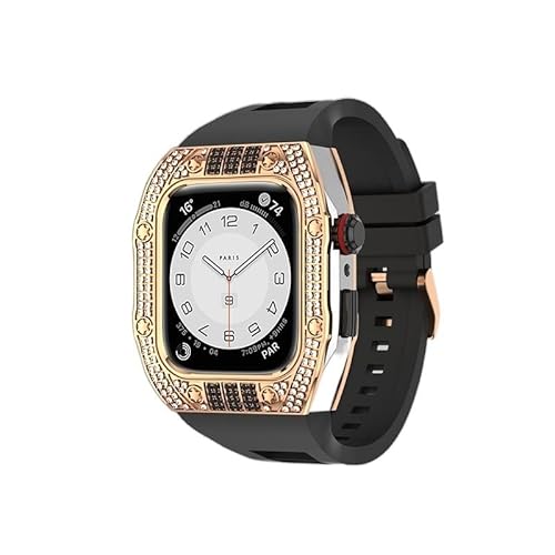 KANUZ Luxuriöses Diamantgehäuse-Modifikationsset für iWatch 8, 7, 6, SE, 5, 4, Gummiband, 44 mm, 45 mm, für Apple Watch, Metallbeze-Uhrenarmband (Farbe: Diamanten-Schwarz, SRGB, Größe: 45 mm)