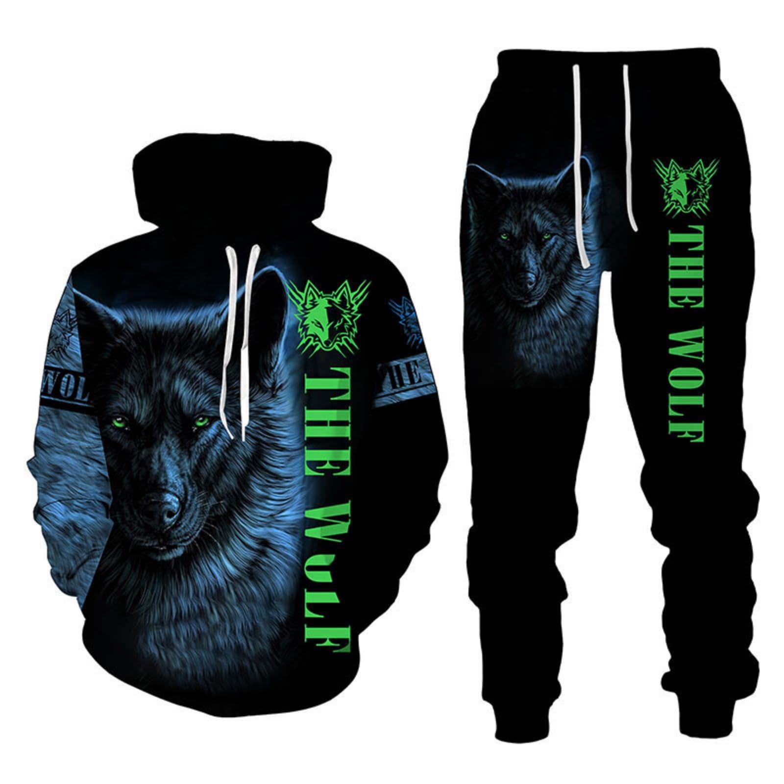 RIAAJ 3D wolf Druck Hoodie Herren Jogginganzug Unisex Sweatshirts Hoody + Hose Sets (A6,2XL)