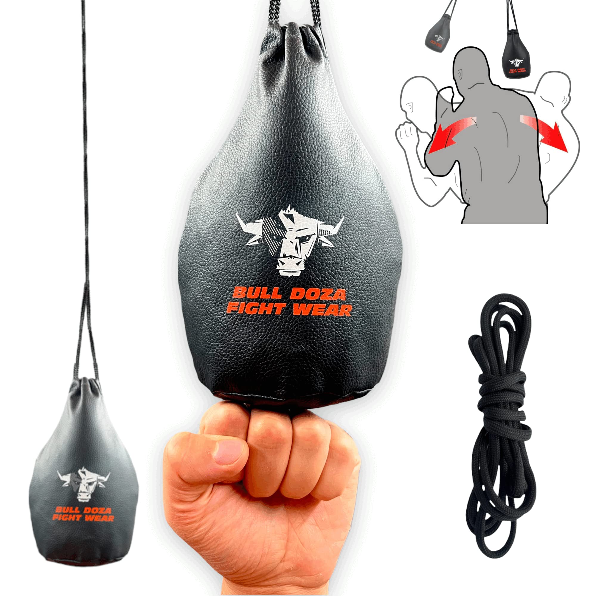 BULL DOZA FIGHT WEAR Ausweichen Reaktionstasche – Faustbreite – 1 kg wenn gefüllt – 2 Meter Seil zum Aufhängen inklusive – Boxsack MMA – Nr. 1 Verteidigungssack (Nicht zum Schlagen) (Schwarz, M)