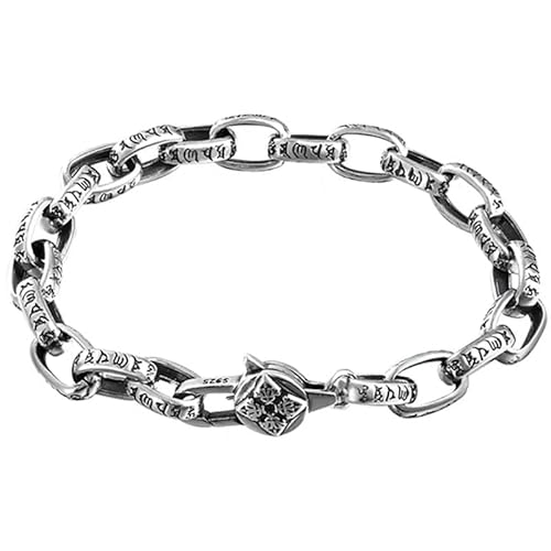 VOYADE Vintage S925 Silber Sechs-Zeichen-Mantra-Armband, Buddhistisches Vajra-Armband Für Männer, Tibetisch-Buddhistisches Gebets-Ornament-Geschenk,Silber,20cm