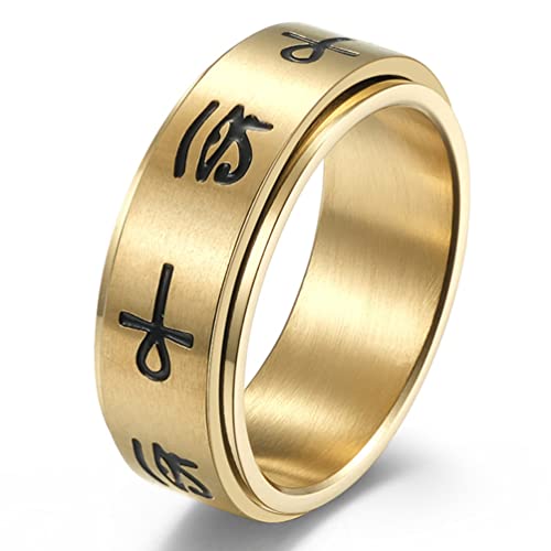 VOYADE 8MM Auge Des Horus Edelstahl Drehbarer Ring, Ägyptisches Auge Des Horus Kreuzkapitel Drehbarer Ring Für Männer Und Frauen,Gold,11