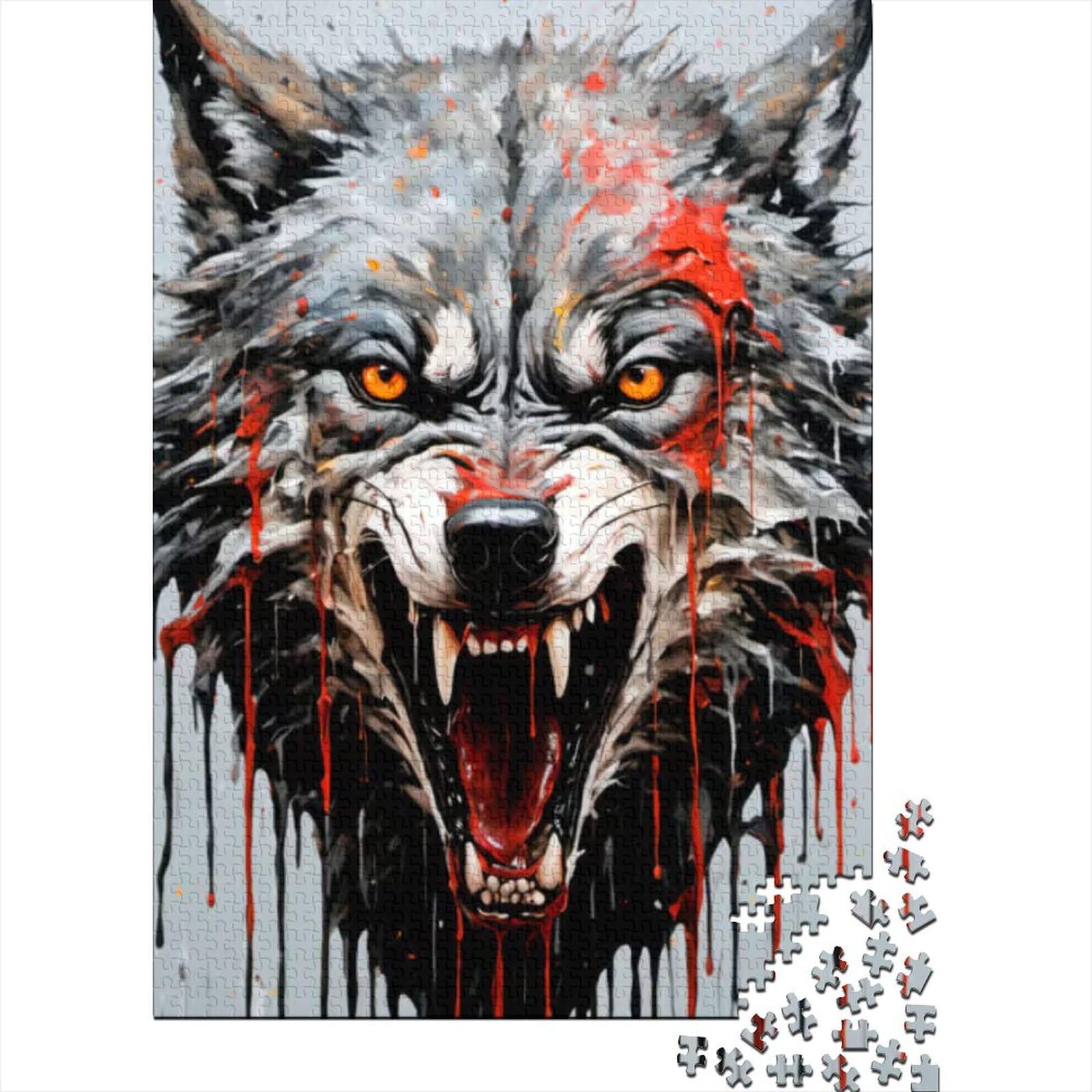 Tropfende Farbe, Wolf-Kunst, Holzpuzzle für Erwachsene, Puzzle-Spielzeug für Erwachsene, Puzzle für Erwachsene, Lernspiel, Herausforderungsspielzeug (Größe: 75 x 50 cm)