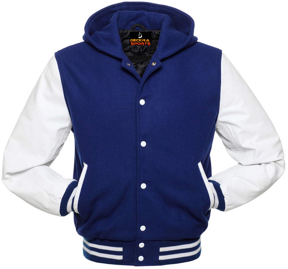 Herren Varsity Jacke Hoodie Rindsleder Arme und Wolle Letterman College Top Coat - Blau - Small