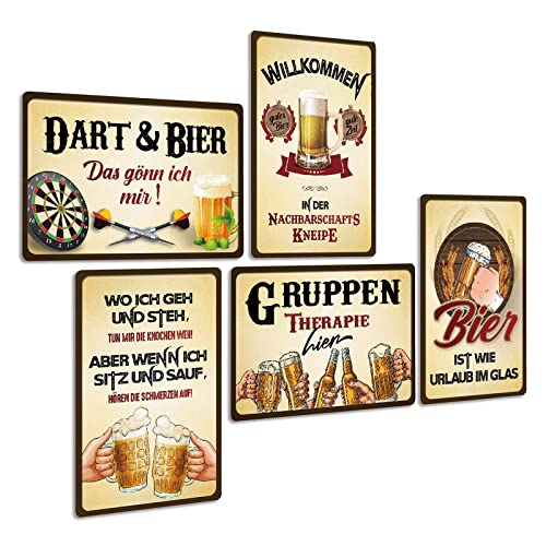 ZDFDC 5er Blechschild Set Retro Bier 20x30cm - Vintage Metallschild Lustig Spruch - Gruppen Therapie - Dart und Bier Das Gönn Ich mir - Schild Deko Geschenk für Bar Partykeller Club Pub (SET B)