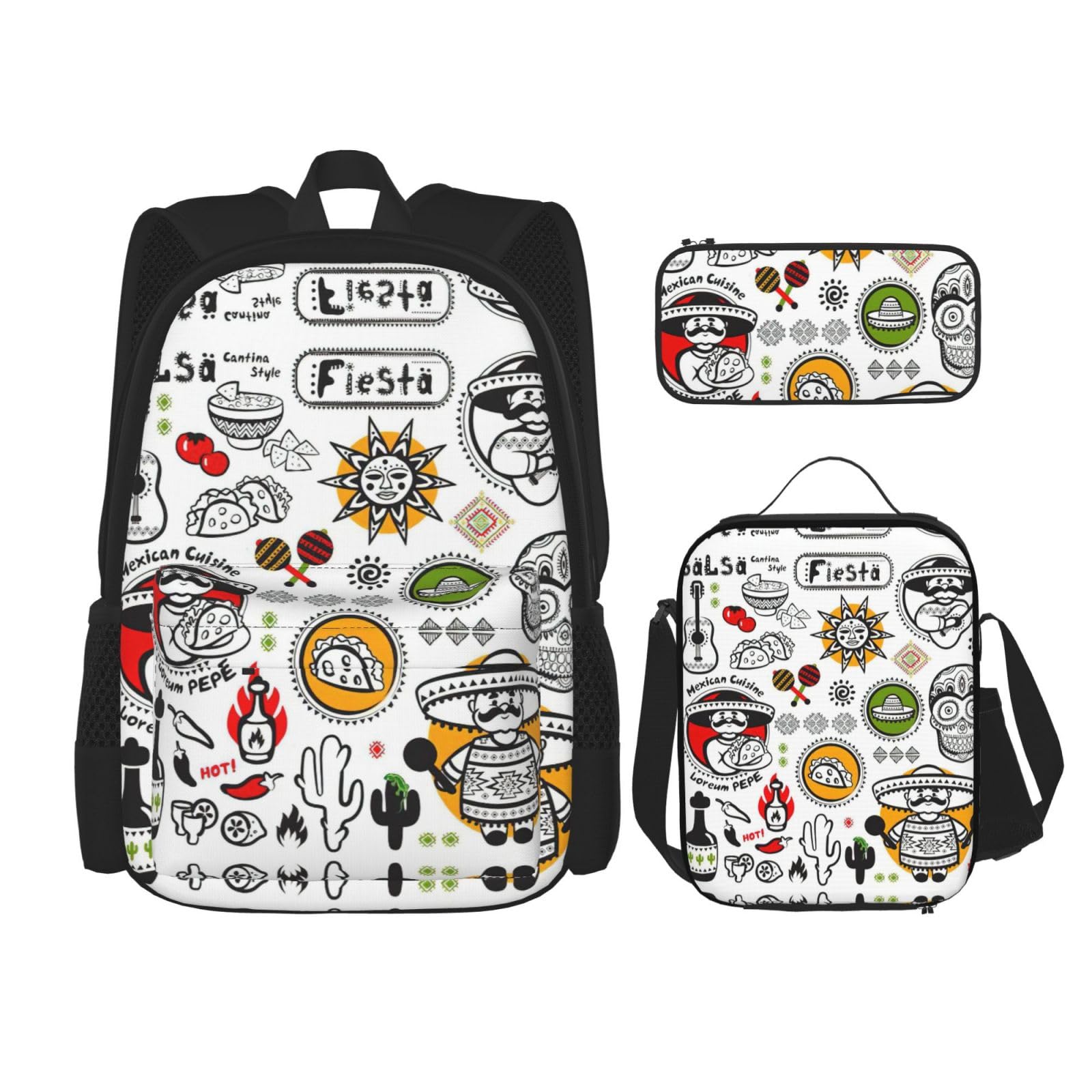 WURTON Rucksack-Set mit mexikanischen Salsa-Symbolen, verstellbare Schultergurte, Lunch-Tasche, Federmäppchen, Kombinationstaschen-Set