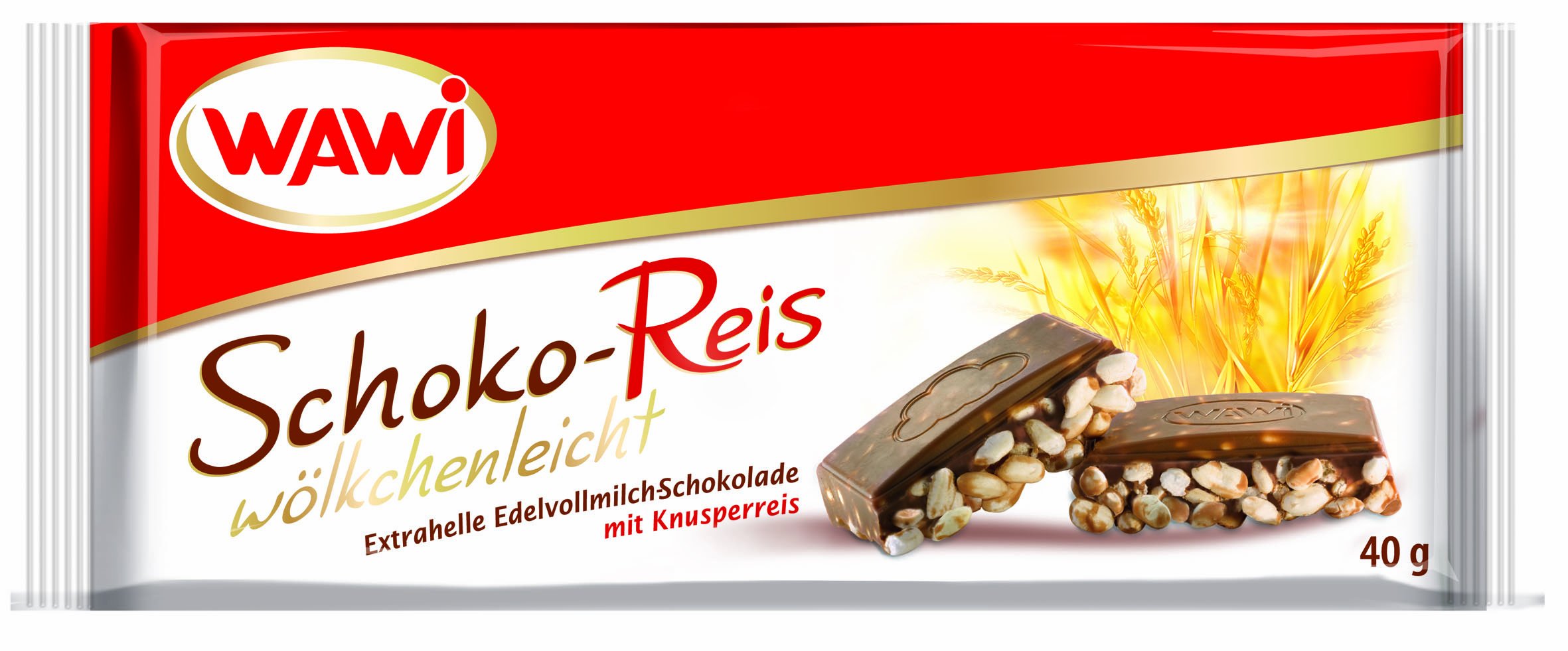 WAWI Schoko Reis Riegel Edelvollmilch Schokolade, 30er Pack (30 x 40 g)