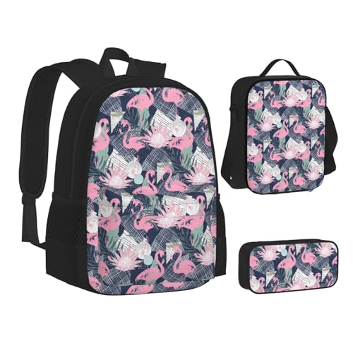 WURTON Lunchbox-Set mit pinkem Flamingo- und Blätter-Druck, 3-in-1-Büchertasche und Federmäppchen, passende Kombination, Schwarz, Einheitsgröße