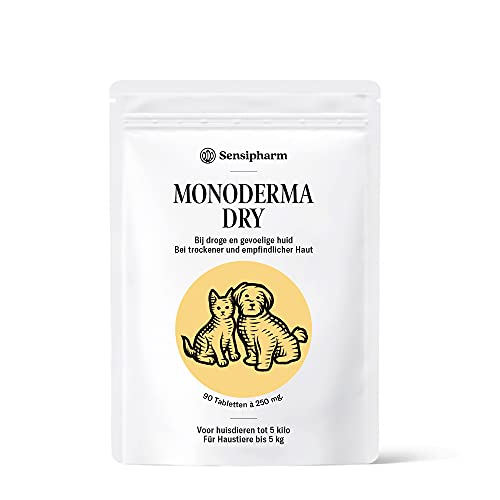 Sensipharm Monoderma Dry - Hilft Natürlich bei Trockenes Ekzem, Juckreiz, Haut, Fell, Probleme - 90 Tabletten a 250 mg. für Katzen, Hunde, Meerschweinchen, Kaninchen