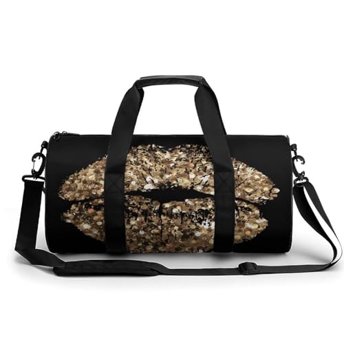 Goldene Glitzerlippen Sport Duffel Bag Sporttasche Reisetasche Handgepäck Tasche Schwimmtasche Weekender Bag 45x23x23cm