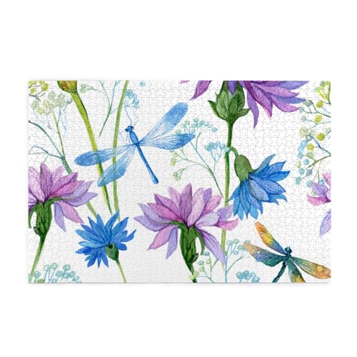 Aquarell Blaue Blumenlibelle, Puzzles 1000 Teile Holzpuzzle Spielzeug Familienspiel Wanddekoration