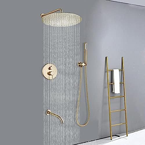 AJYBYUKJ Regenduschenhahn aus gebürstetem Gold, an der Wand montierter Einhebel-Duschmischhahn mit Handbrause, Wannenauslaufkopf, 8 Zoll, 16 Zoll Beauty Comes