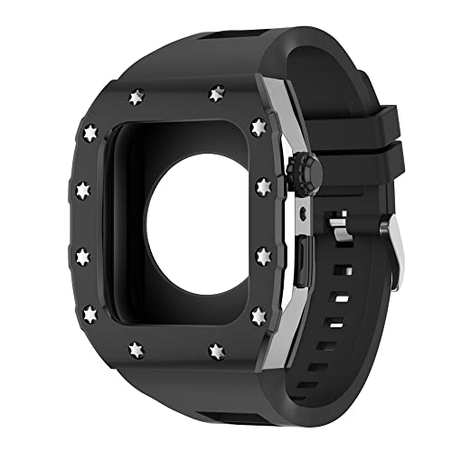 KANUZ 44 mm 45 mm Modifikationsset für iWatch Serie 7, 6, 5, 4 SE, Metallgehäuse, Silikonband für Apple Watch, Gummiband, Stoßfängerabdeckung (Farbe: B-SS-B, Größe: 44 mm)