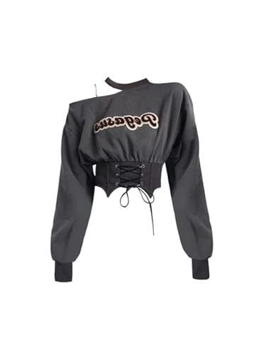 KINZE Crop-Top Frauen Sweatshirt Harajuku Crop Top Y2K Pullover Off Schulter Hoodie Streetwear Club Kee-Grau-M